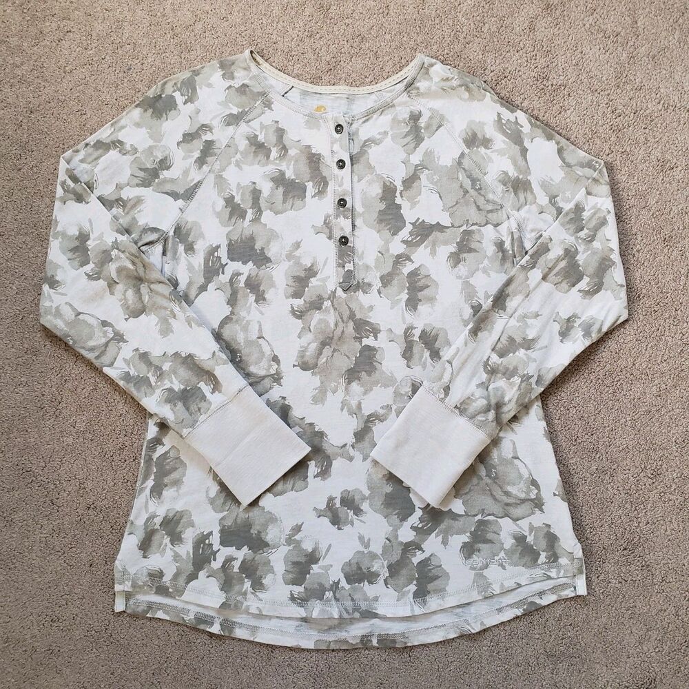 Carhartt Henley Long Sleeve Women's Shirt Size S(4-6) Beige Green Embroidered